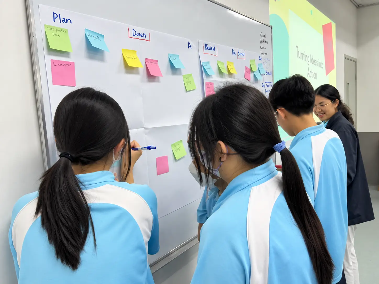 Students working through a problem with sticky notes on a whiteboard